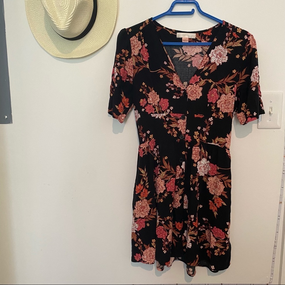 Band of Gypsies Black Floral Fit and Flare Mini Dress| Size Medium